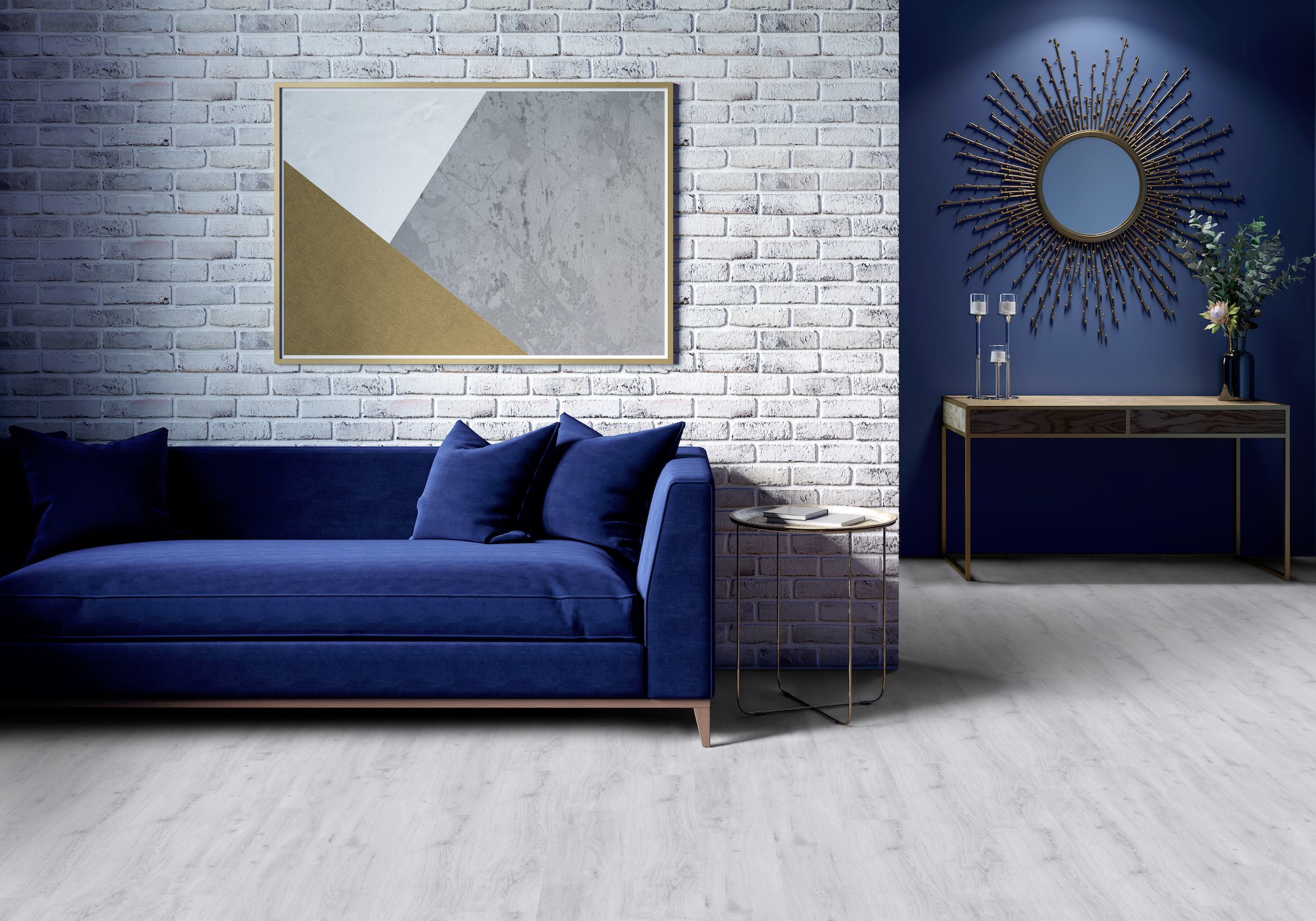 Gerflor Dekor Sunny White - Wohnzimmer Blaues Sofa