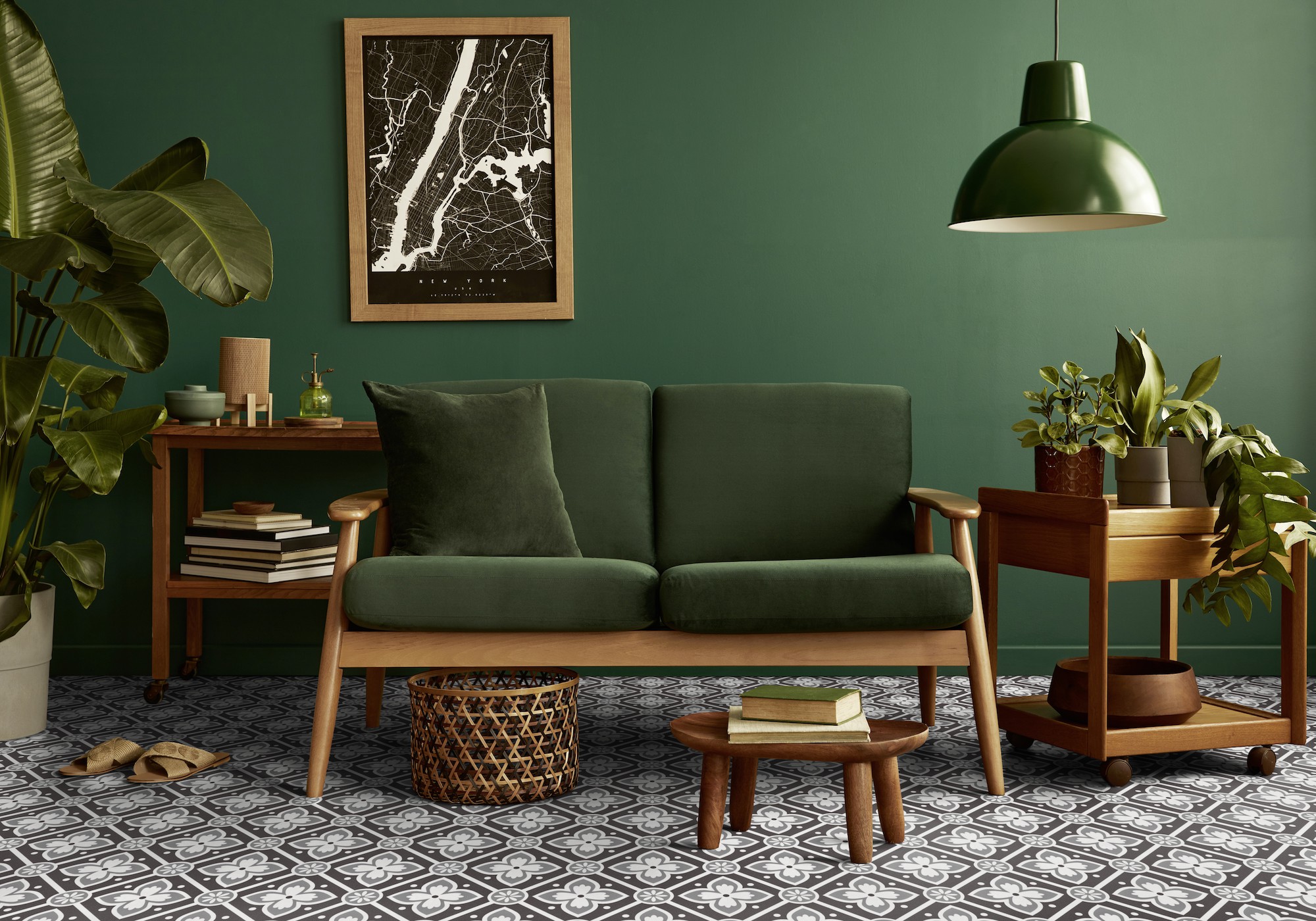 Gerflor Dekor Alma B&amp;W - Wohnzimmer Vintage Retro Grünes Sofa