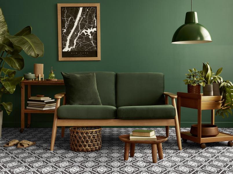 Gerflor Dekor Alma B&W - Wohnzimmer Vintage Retro Grünes Sofa Gerflor Dekor Alma B&W - Wohnzimmer Vintage Retro Grünes Sofa