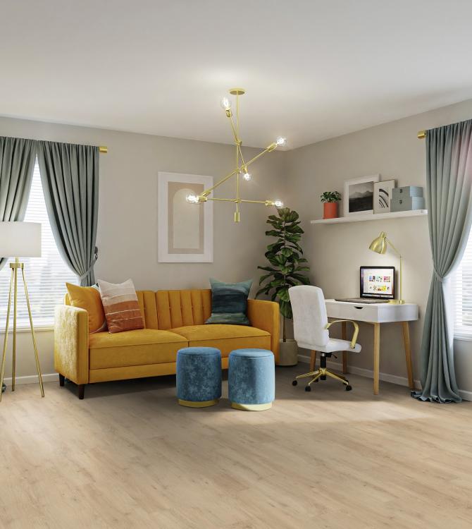 Gerflor Dekor: Sunny Light aus der Virtuo Kollektion. Wohnzimmer mit gelbem Sofa